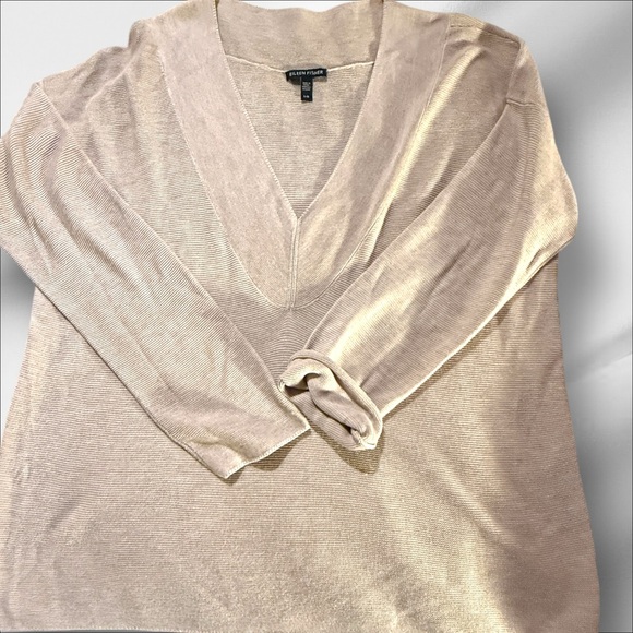 Eileen Fisher Women's Tan Deep V-Neck Knit Sweater Size Lg - Picture 1 of 12